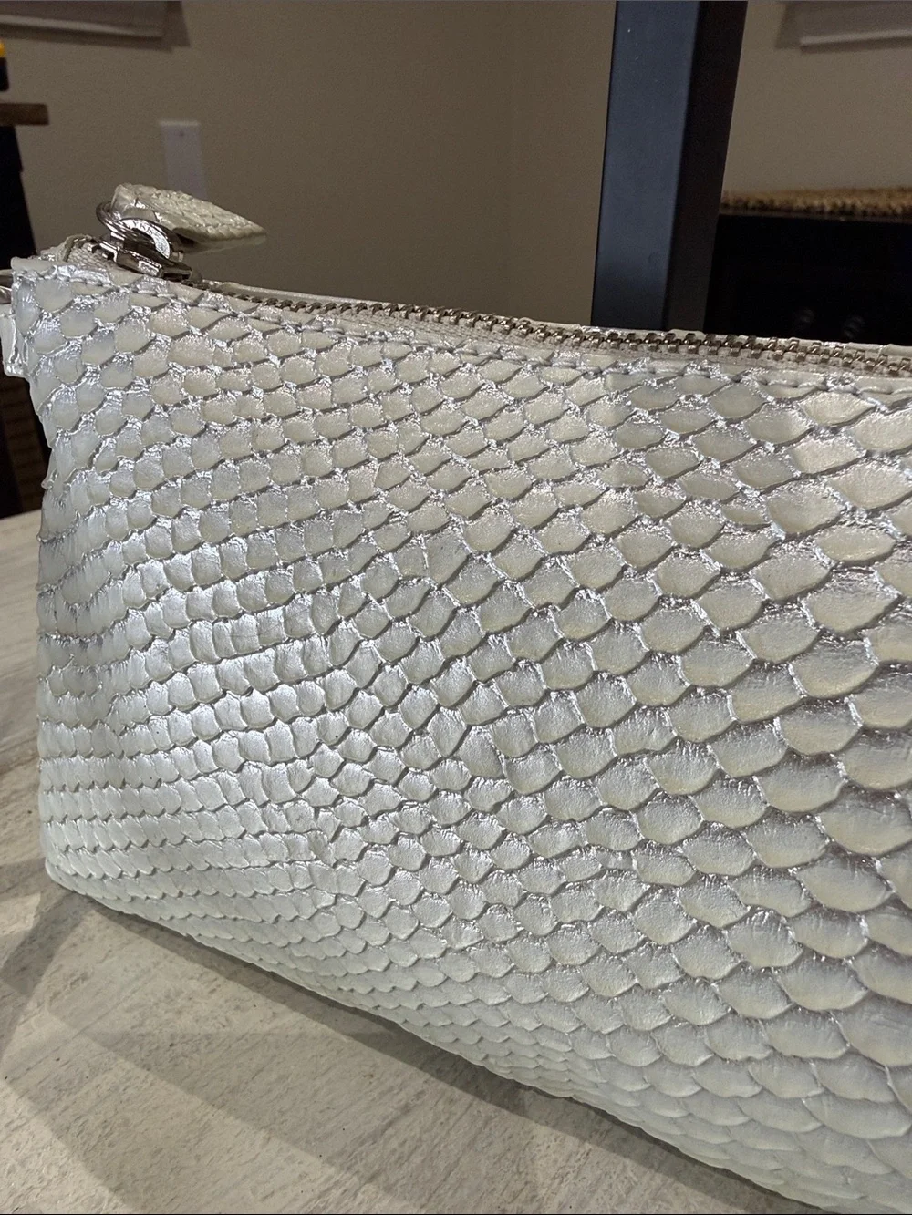 Textured Pearl Cream Wristlet Clutch with Detachable Strap